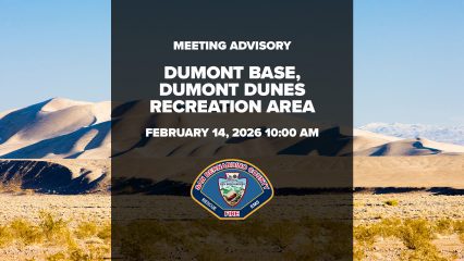 Meeting advisory graphic for Dumont Base at Dumont Dunes Recreation Area, February 14, 2026, 10:00 AM.