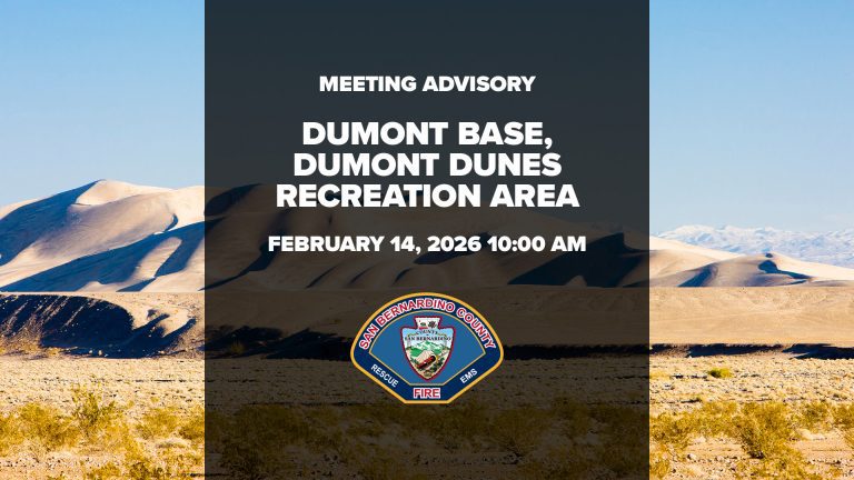 Meeting advisory graphic for Dumont Base at Dumont Dunes Recreation Area, February 14, 2026, 10:00 AM.