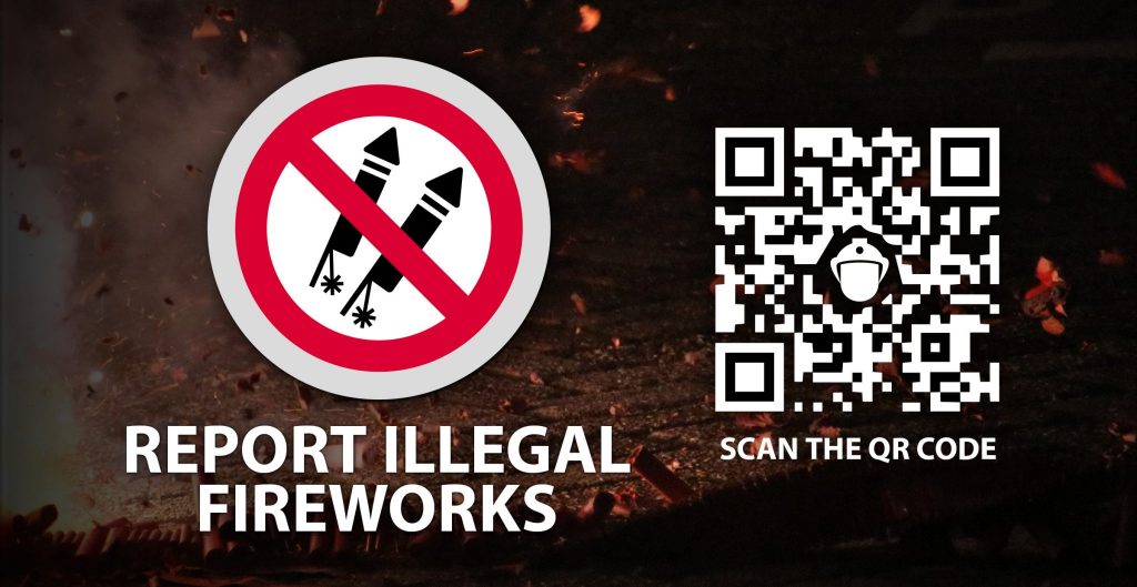 Graphic with a crossed-out fireworks symbol and a QR code. Text reads “Report Illegal Fireworks. Scan the QR code.”