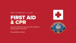 San Bernardino County Fire graphic for a free First Aid and CPR community class with a red background and the County Fire badge.