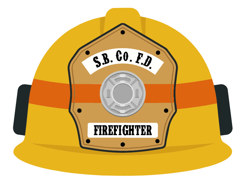 Yellow structural firefighter helmet with front shield reading "S.B. Co. F.D." and "Firefighter"