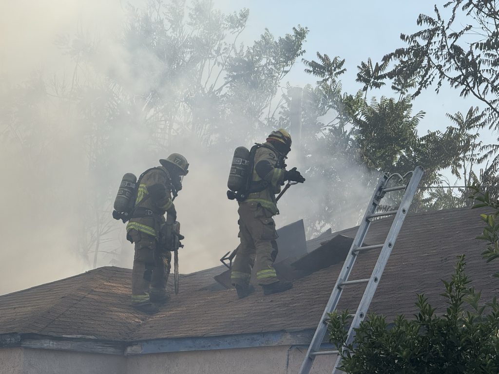 Two firefighters in full gear and oxygen tanks work on the roof of a smoke-filled residential home. One firefighter operates a chainsaw, cutting into the roof for ventilation, while the other stands nearby assisting. A metal ladder is propped against the edge of the roof, providing access. Dense smoke surrounds the scene, and leafy trees are visible in the background.