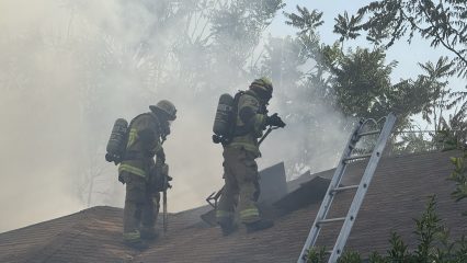 Two firefighters in full gear and oxygen tanks work on the roof of a smoke-filled residential home. One firefighter operates a chainsaw, cutting into the roof for ventilation, while the other stands nearby assisting. A metal ladder is propped against the edge of the roof, providing access. Dense smoke surrounds the scene, and leafy trees are visible in the background.