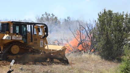 A yellow bulldozer labeled with "FIRE" and San Bernardino County Fire Department insignia creates a firebreak by clearing vegetation near an active brush fire. Flames and smoke rise from burning dead trees and shrubs in the background, while green vegetation remains nearby. The scene takes place in a dry, grassy area under a clear sky as part of wildfire containment efforts.