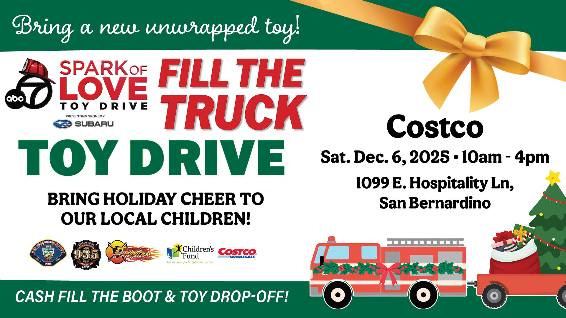 Spark of Love Fill the Truck Toy Drive flyer with event details for December 6 at Costco San Bernardino.
