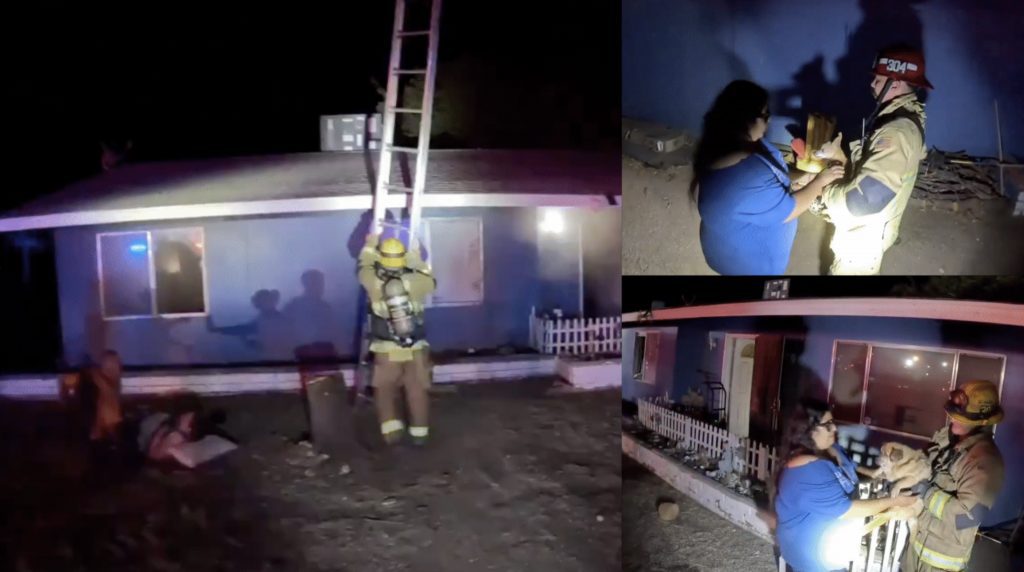 Firefighters respond at night to a house fire. On the left, a firefighter in full gear sets a ladder against the roof of a single-story home while smoke and lights reflect off the windows. On the right, two smaller images show firefighters reuniting a woman with her small dog outside the home.