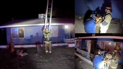 Firefighters respond at night to a house fire. On the left, a firefighter in full gear sets a ladder against the roof of a single-story home while smoke and lights reflect off the windows. On the right, two smaller images show firefighters reuniting a woman with her small dog outside the home.
