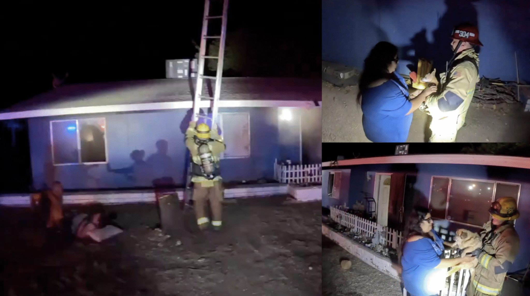 Firefighters respond at night to a house fire. On the left, a firefighter in full gear sets a ladder against the roof of a single-story home while smoke and lights reflect off the windows. On the right, two smaller images show firefighters reuniting a woman with her small dog outside the home.