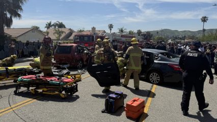 Firefighters and emergency responders work at the scene of a two-car accident on a residential street during daylight. One firefighter carries a detached car door, while others assist near the damaged vehicles — a red SUV and a black sedan. Medical equipment and stretchers are laid out on the road, and a police officer stands nearby managing the scene. Fire trucks are parked in the background, and a crowd of onlookers gathers behind safety barriers. Palm trees, houses, and hills are visible under a partly cloudy sky.