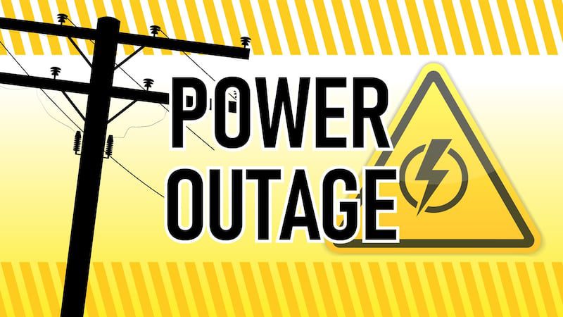 Graphic warning of a power outage, showing a black silhouette of a utility pole with power lines on the left and a yellow triangular caution sign with a lightning bolt on the right. The words 'POWER OUTAGE' are displayed in large black letters across the center, with yellow striped borders at the top and bottom.