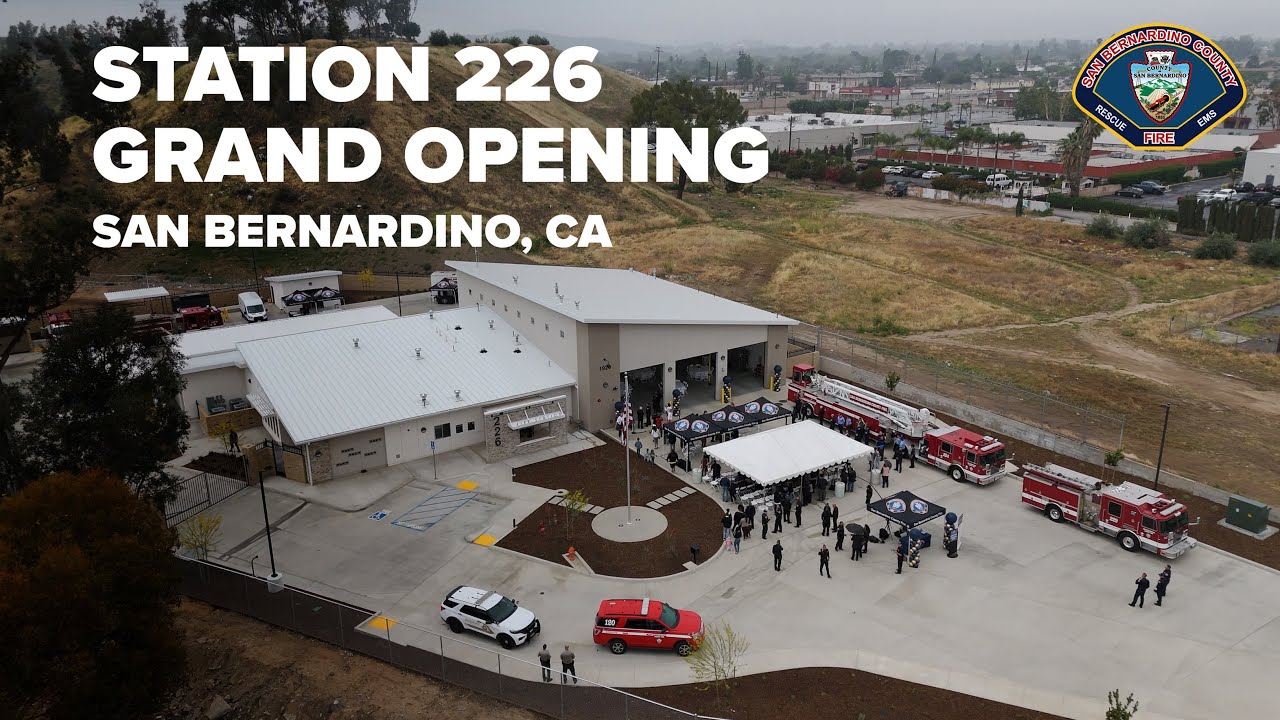 Aerial view of Fire Station 226 in San Bernardino during the grand opening ceremony with fire engines and tents.