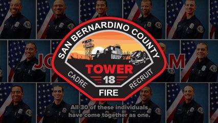 San Bernardino County Fire Tower 18 recruit class logo in front of portraits of smiling graduates.