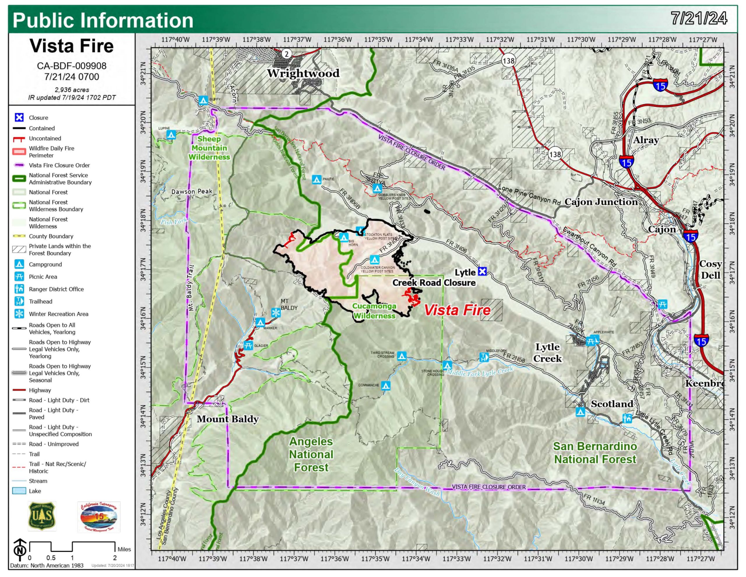 Public information map showing Vista Fire perimeter and closures in Lytle Creek on July 21, 2024
